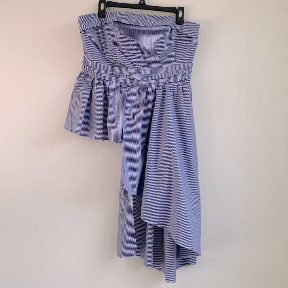 Strapless Blue and White Pinstripe Peplum Top
